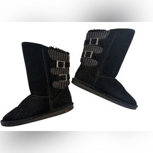 Bearpaw Black Suede Knit Buckle Winter Boots Size 9